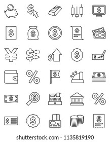 thin line vector icon set - certificate vector, bank, exchange, dollar coin, gold ingot, japanese candle, credit card, wallet, piggy, growth, stack, check, receipt, money search, medal, flag, shield