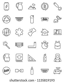 thin line vector icon set - vacuum cleaner vector, cleaning agent, plates, shining window, woman, colander, cook timer, ladle, cookbook, jug, corner ruler, backpack, exchange, punching bag, internet