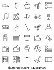 thin line vector icon set - ladle vector, mixer, glasses, scissors, abacus, music, piggy bank, tie, snickers, shorts, clock, radio, satellitie, menu, arrow, cushioned furniture, tv, calculator, hood