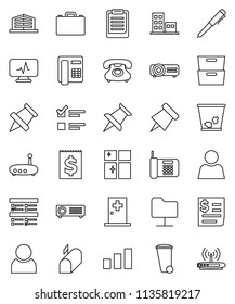 thin line vector icon set - trash bin vector, shining window, case, pen, clipboard, paper pin, archive, exam, phone, receipt, sorting, thumbtack, diagnostic monitor, medical room, network folder