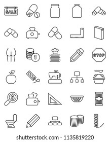 thin line vector icon set - toilet vector, washing powder, colander, cookbook, jar, pasta, pencil, corner ruler, apple fruit, coin stack, money search, hierarchy, buttocks, pills, stop, toaster