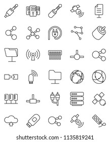 thin line vector icon set - molecule vector, satellite, satellitie, social media, rca, jack, connect, connection, network, server, folder, big data, hub, usb modem, share, cloud upload, document