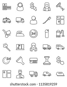 thin line vector icon set - scraper vector, vacuum cleaner, car fetlock, window cleaning, iron, agent, shining, woman, dollar cursor, support, delivery, hospital building, amkbulance, doctor