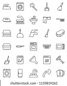 thin line vector icon set - scraper vector, broom, water tap, vacuum cleaner, fetlock, scoop, sponge, iron, steaming, drying clothes, sink, pan, colander, microwave oven, washer, fridge, dishwasher