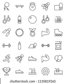 thin line vector icon set - award cup vector, target, barbell, weight, jump rope, hand trainer, punching bag, fitball, muscule, snickers, boxing glove, roller Skates, skateboard, medal, water bottle