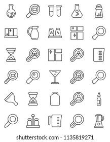 thin line vector icon set - scraper vector, window cleaning, shining, measuring cup, hand mill, spices, jug, jar, oil, magnifier, flask, glass, cargo search, vial, sand clock, estate, client