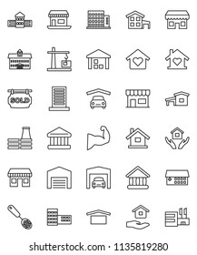 thin line vector icon set - house hold vector, skimmer, university, school building, bank, muscule hand, office, dry cargo, warehouse, hospital, cottage, garage, barn, sold signboard, apartments
