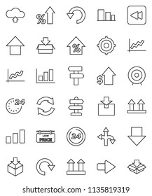 thin line vector icon set - graph vector, percent growth, dollar, target, arrow down, up, route, signpost, top sign, package, sorting, backward button, refresh, redo, undo, cloud upload, 24 hour
