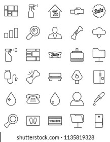 thin line vector icon set - water drop vector, welcome mat, sprayer, percent growth, consolidated cargo, sorting, classic phone, magnifier, dropper, broken bone, counter, network folder, bench, sale