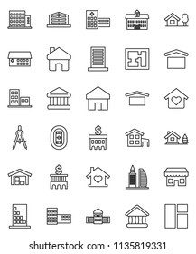 thin line vector icon set - university vector, school building, drawing compass, bank, stadium, dry cargo, hospital, home, cottage, chalet, barn, plan, apartments, office, love, store, window