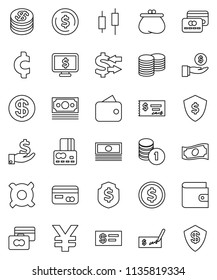 thin line vector icon set - exchange vector, dollar coin, japanese candle, credit card, wallet, cash, investment, stack, check, shield, monitor, any currency, yen sign, cent, money