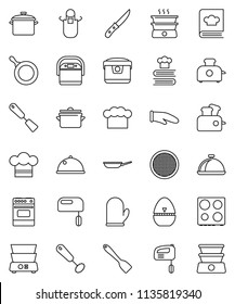 thin line vector icon set - pan vector, cook hat, apron, glove, timer, whisk, spatula, knife, oven, double boiler, cookbook, sieve, dish, mixer, multi cooker, toaster