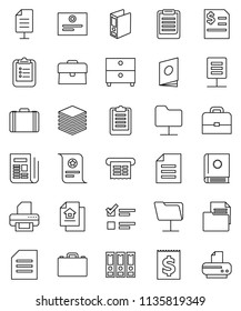 thin line vector icon set - case vector, clipboard, certificate, document, archive, exam, annual report, binder, receipt, newspaper, network folder, big data, estate, catalog, printer