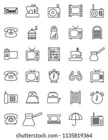 thin line vector icon set - washboard vector, kettle, hand mill, turk coffee, glasses, alarm clock, abacus, phone, umbrella, film frame, radio, tv, classic, closed, video camera, sewing machine