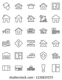 thin line vector icon set - school building vector, measuring, dry cargo, hospital, home, attention sign, house, cottage, barn, plan, love, construction crane, protect, mall, window