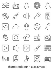 thin line vector icon set - bell vector, music, disk, hit, microphone, radio, speaker, equalizer, headphones, play button, forward, backward, rec, jack