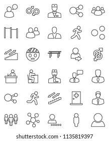 thin line vector icon set - student vector, manager, man, horizontal bar, stairways run, client, speaking, social media, group, doctor, gender sign, head bandage, medical room, share, login