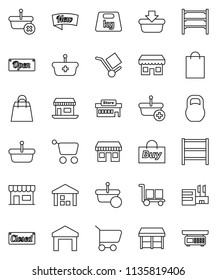 thin line vector icon set - office vector, cargo, warehouse, weight, shelving, new, open, closed, shopping bag, market, store, mall, buy, basket, cart, scales