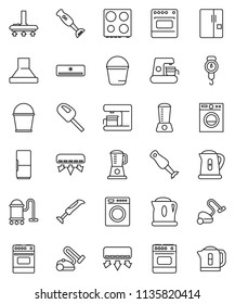 thin line vector icon set - vacuum cleaner vector, bucket, kettle, scales, oven, blender, air conditioner, fridge, washer, coffee maker, hood