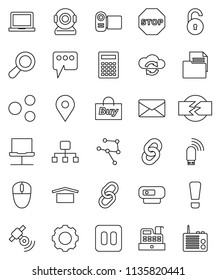 thin line vector icon set - calculator vector, notebook pc, map pin, document, dry cargo, satellitie, link, pause button, network, cloud exchange, gear, usb modem, share, message, mail, chain, stop