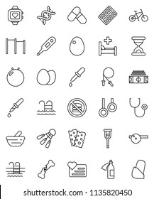 thin line vector icon set - egg vector, stadium, bike, jump rope, horizontal bar, fitball, pills, heart monitor, breads, shuttlecock, pool, no fastfood, gymnast rings, thermometer, dna, dropper