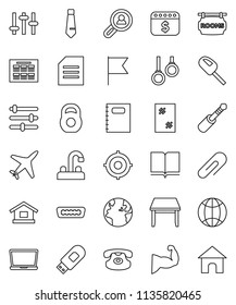 thin line vector icon set - window cleaning vector, water tap, book, copybook, schedule, document, flag, target, tie, dollar calendar, weight, muscule hand, gymnast rings, earth, plane, settings