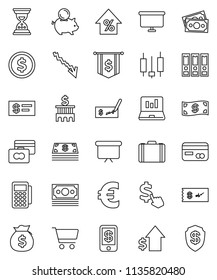 thin line vector icon set - dollar coin vector, cart, japanese candle, laptop graph, credit card, crisis, percent growth, money bag, piggy bank, case, check, building, binder, sand clock, flag, cash