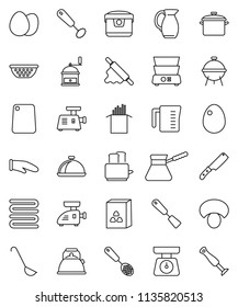 thin line vector icon set - pan vector, kettle, colander, measuring cup, scales, cook glove, towel, whisk, skimmer, spatula, ladle, knife, rolling pin, cutting board, hand mill, turk coffee, toaster
