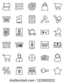 thin line vector icon set - cart vector, gift, cash, money bag, shopping, percent, store, mall, support, target, card reader, cashbox, receipt, list, auction, trolley, catalog, check, tap pay, menu