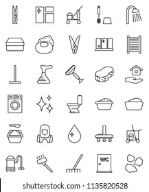thin line vector icon set - soap vector, plunger, scraper, cleaner trolley, vacuum, mop, rake, clothespin, sponge, water drop, shining, window cleaning, toilet, brush, washer, foam basin, washboard