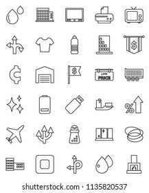 thin line vector icon set - shining vector, window, hand mill, school building, percent growth, dollar flag, cent sign, t shirt, water bottle, hoop, route, plane, ship, truck trailer, tv, battery