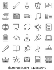 thin line vector icon set - book vector, copybook, graduate hat, pen, university, school building, student, atom, table lamp, calculator, notebook pc, alarm clock, schedule, clipboard, certificate