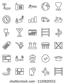 thin line vector icon set - route vector, signpost, earth, office, phone, traking, ship, car, clock, calendar, port, wood box, consolidated cargo, glass, dry, top sign, no trolley, tulip, sorting