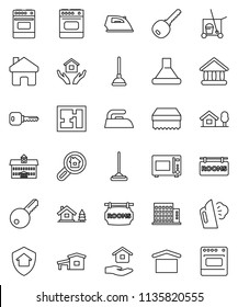 thin line vector icon set - plunger vector, cleaner trolley, mop, sponge, iron, steaming, house hold, microwave oven, university, dry cargo, home, key, cottage, chalet, plan, rooms signboard, hood
