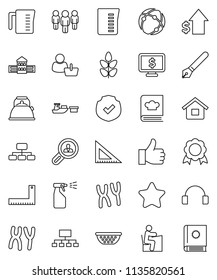 thin line vector icon set - sprayer vector, kettle, colander, measuring cup, cookbook, pen, school building, corner ruler, student, medal, dollar growth, man, hierarchy, monitor, cereals, port, star