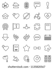 thin line vector icon set - splotch vector, mixer, copybook, pie graph, arrow down, target, calendar, heart cross, oxygen, stadium, attention, satellite, connect, disconnection, message, refresh
