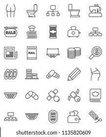 thin line vector icon set - toilet vector, colander, cookbook, plates, pasta, pencil, coin stack, money search, hierarchy, buttocks, stadium, satellite, truck trailer, newspaper, pills, mailbox
