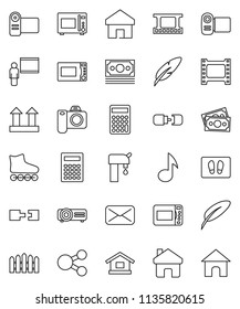 thin line vector icon set - welcome mat vector, microwave oven, pen, blackboard, calculator, music, roller Skates, money, top sign, film frame, mail, share, home, connection, water supply, fence
