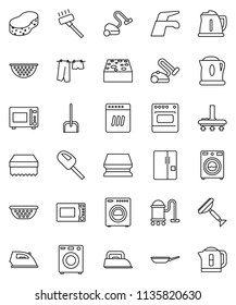 thin line vector icon set - scraper vector, water tap, vacuum cleaner, scoop, sponge, iron, drying clothes, washer, pan, kettle, colander, microwave oven, fridge, dishwasher