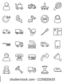 thin line vector icon set - scraper vector, vacuum cleaner, fetlock, car, window cleaning, steaming, woman, dollar cursor, phone 24, support, delivery, cargo search, mobile, hospital building, hour