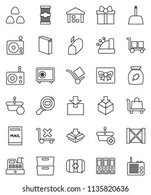 thin line vector icon set - scoop vector, washing powder, cereal, pasta, archive, binder, safe, first aid kit, wood box, cargo, no trolley, warehouse, package, search, radio, mailbox, gift, cashbox