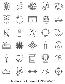 thin line vector icon set - award cup vector, target, barbell, weight, jump rope, punching bag, fitball, muscule hand, snickers, boxing glove, shorts, roller Skates, medal, sports nutrition, pool