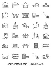 thin line vector icon set - house hold vector, skimmer, school building, university, bank, muscule hand, office, dry cargo, warehouse, hospital, cottage, chalet, barn, sold signboard, apartments