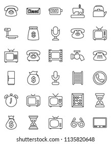 thin line vector icon set - water tap vector, washboard, kettle, glasses, alarm clock, abacus, money bag, sand, phone, big scales, film frame, tv, video camera, microphone, classic, fridge, closed
