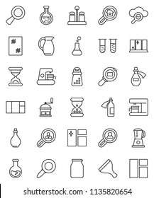 thin line vector icon set - scraper vector, window cleaning, shining, oil, hand mill, spices, jug, jar, magnifier, flask, cargo search, vial, sand clock, potion, cloud glass, estate, client, blender
