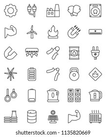 thin line vector icon set - magnet vector, weight, hand trainer, muscule, boxing glove, gymnast rings, flammable, oil barrel, battery, rca, gear, solar panel, windmill, air conditioner, factory