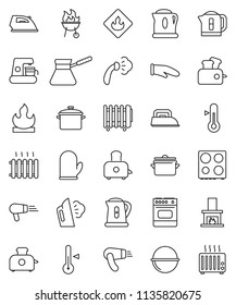 thin line vector icon set - iron vector, steaming, pan, camping cauldron, kettle, cook glove, turk coffee, toaster, oven, thermometer, bbq, flammable, fireplace, heating, maker, hair dryer, heater
