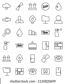 thin line vector icon set - water drop vector, welcome mat, sprayer, consolidated cargo, top sign, sorting, classic phone, magnifier, broken bone, network folder, lan connector, cloud download, sale