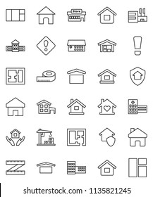 thin line vector icon set - house hold vector, school building, measuring, dry cargo, hospital, home, attention sign, cottage, barn, plan, love, construction crane, protect, mall, window