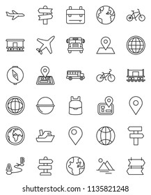 thin line vector icon set - camping cauldron vector, backpack, compass, school bus, world, bike, signpost, navigator, earth, map pin, Railway carriage, plane, ship, route, globe, mountain